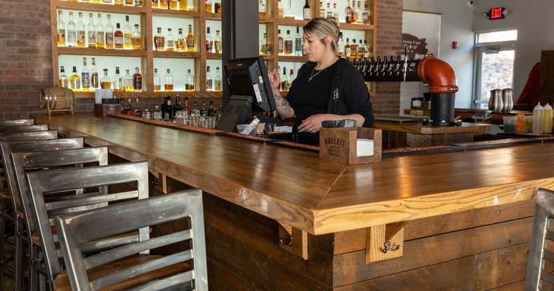 Interior, bar and a bartender