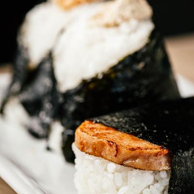 Spam Musubi snack, close up.