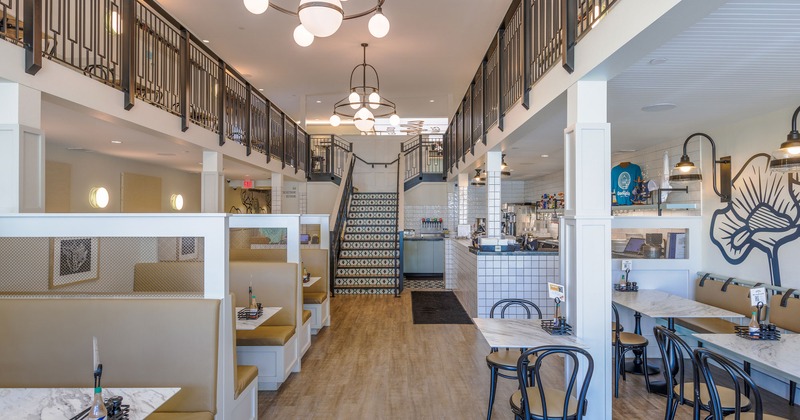 Interior, restaurant tables and seating