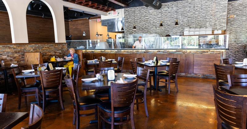 Interior, wooden tables and chairs, tableware, bar