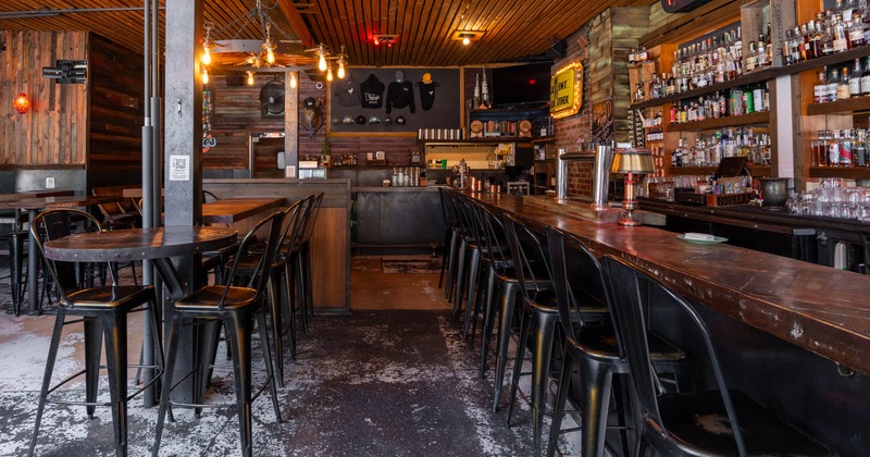 Dining space, tall tables and bar stools