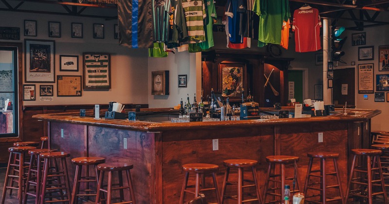 Bar area, barstools and decorated interior