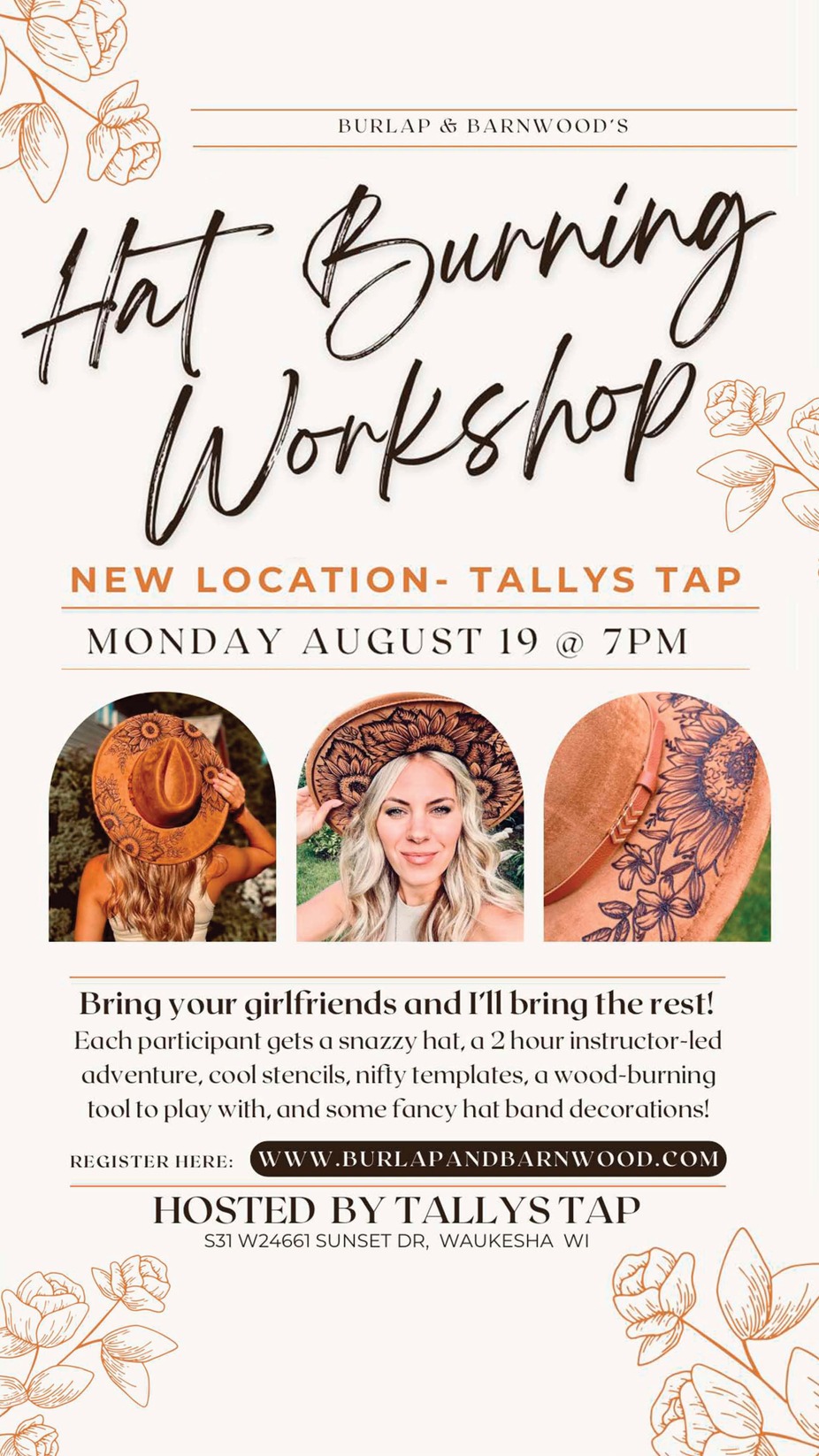 BURLAP & BARNWOOD'S HAT BURNING CLASS @ TALLY'S TAP & EATERY event photo