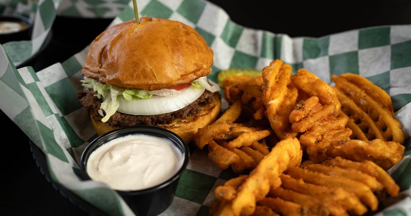 California Burger served with fries and a dip