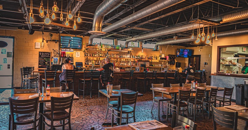 Interior, dining and bar area, wide view