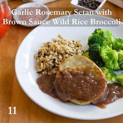 Garlic Rosemary Seitan with Brown Sauce, Wild Rice and broccoli