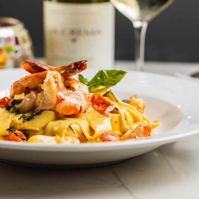 Papparedelle with jumbo shrimp, served.