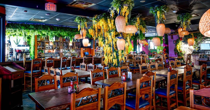 Colorfully decorated restaurant dining room with wooden tables, a stocked bar, hanging plants