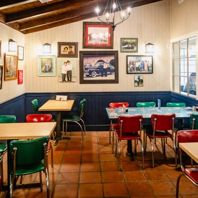 Restaurant's interior with wall decorations.