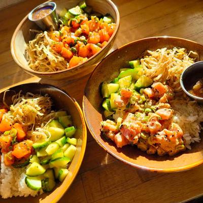 Assorted poke bowls.