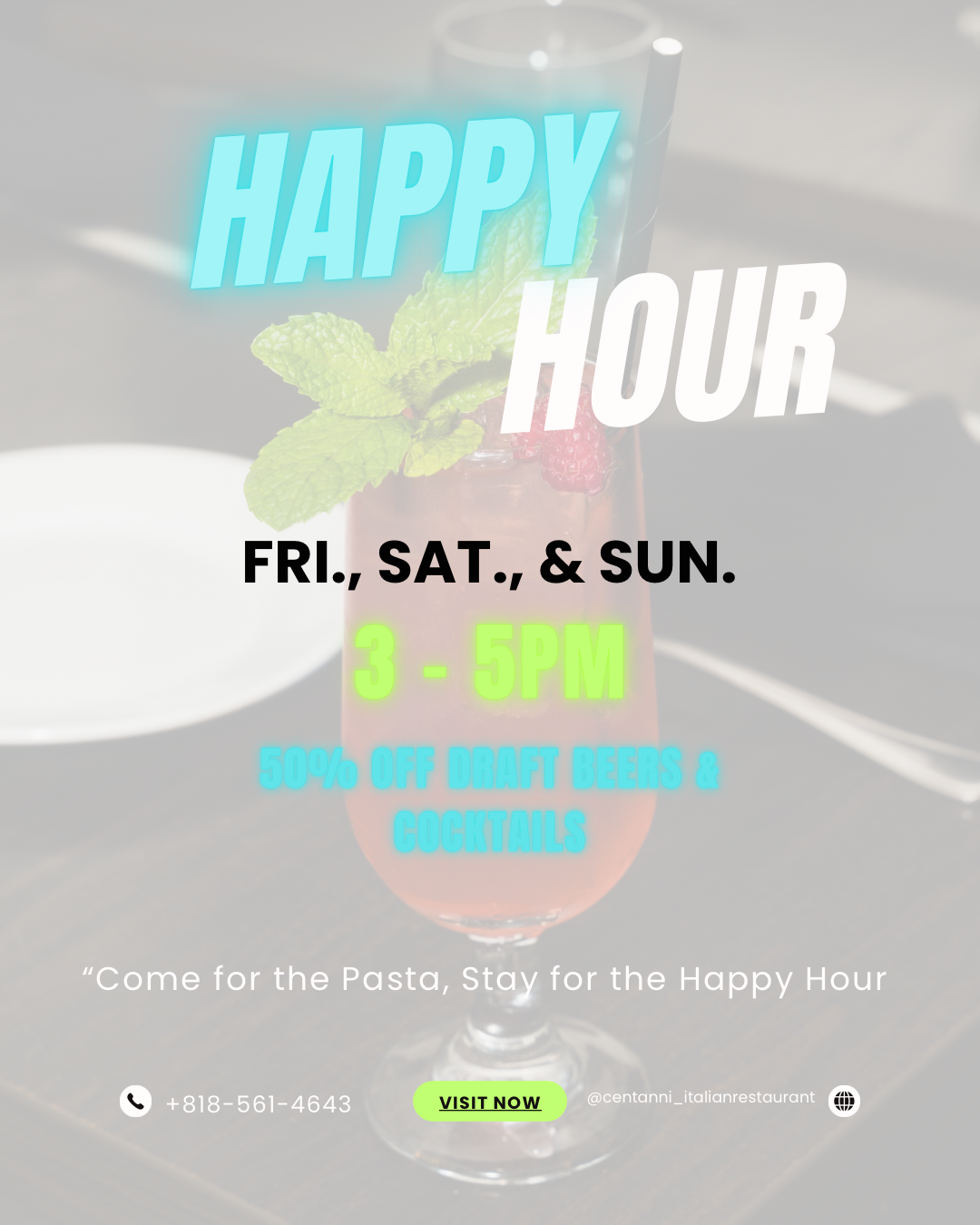 Happy Hour Friday, Saturday, & Sunday 3-5PM. Enjoy 50% OFF Draft Beer & Cocktails & Spirits