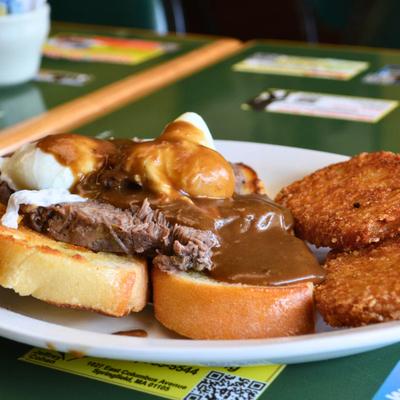 Pot roast topped with two poached eggs and gravy, served with hash brown patties.