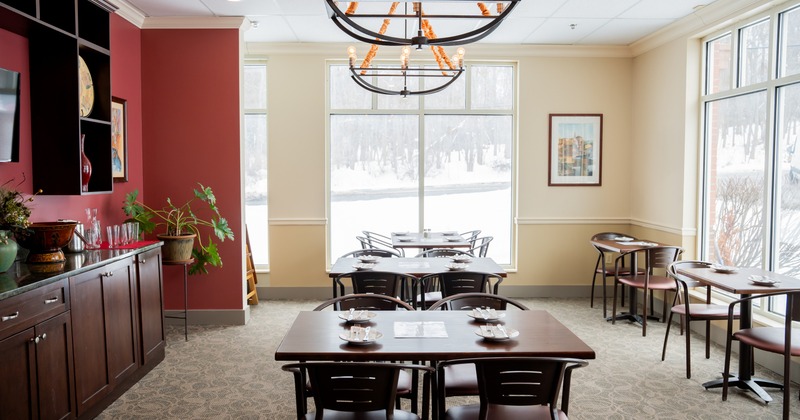 Interior, dining space by the windows, grand chandelior