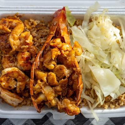 Hibachi Lobster and Shrimp, with cabbage.