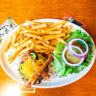 Popper Burger Fries top view.