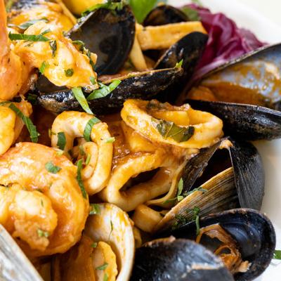 Mussels, calamari, and shrimp.