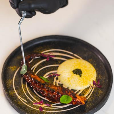 A professionally plated dish of grilled or barbecued octopus.