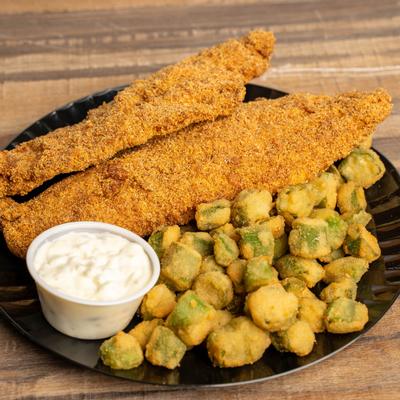 Fried catfish, with fried okra, and tartar sauce.