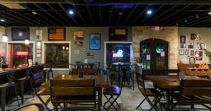 Interior of a restaurant with wooden tables and chairs