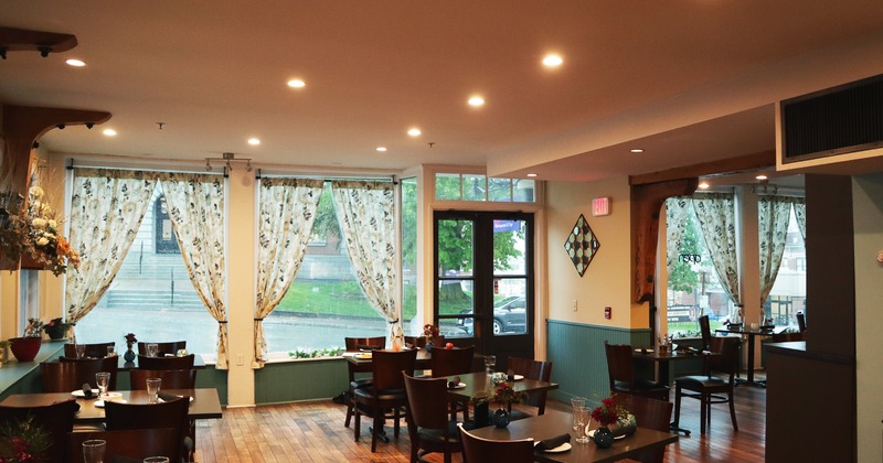 Interior, dining area with large windows