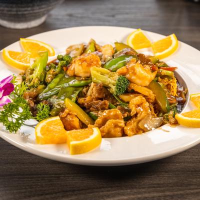 A plate of orange chicken.
