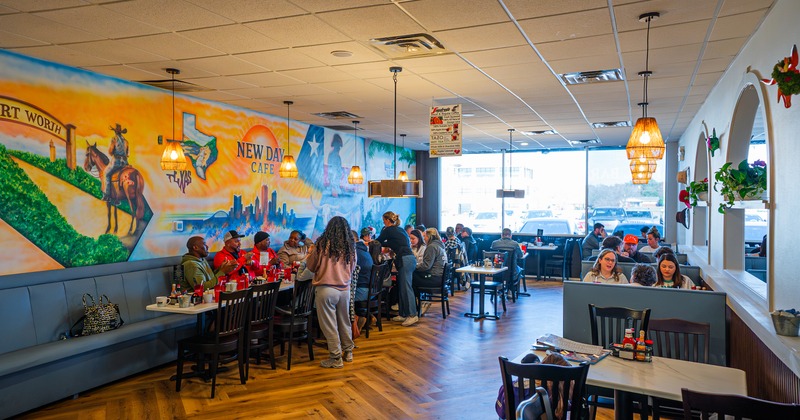 Spacious interior dining area full of guests