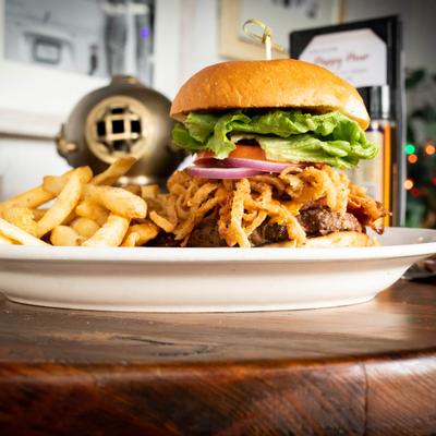 Beach Boy Burger with fries and beer