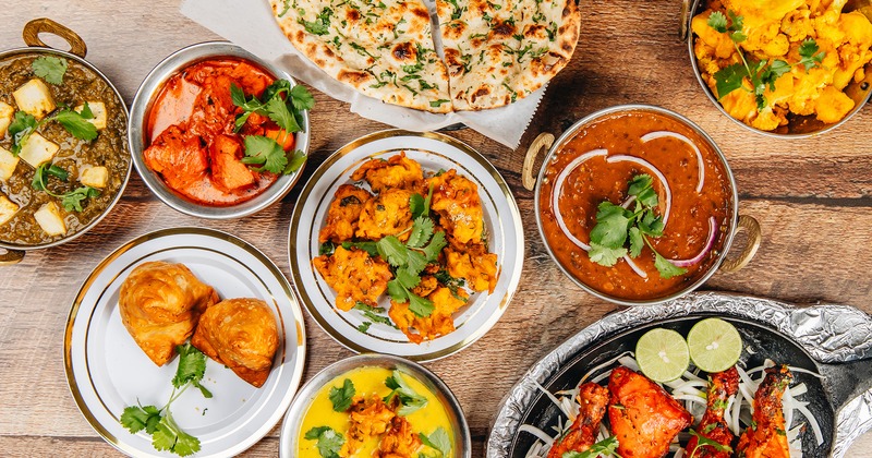 An overhead view of assorted dishes on a table