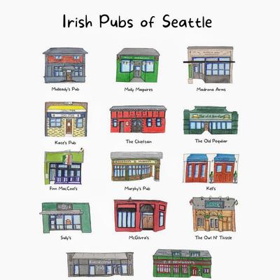 Drawings of Irish Pubs of Seattle entrances.