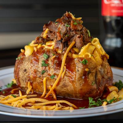 Baked potato stuffed with brisket, BBQ sauce, and mac and cheese.