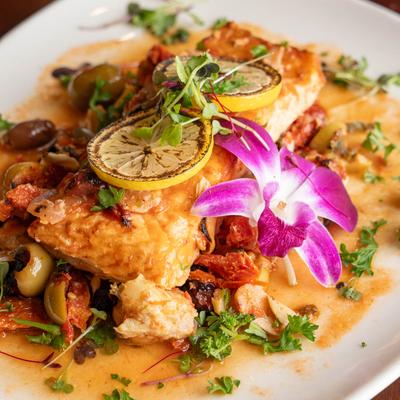 Mediterranean salmon meal, closeup.