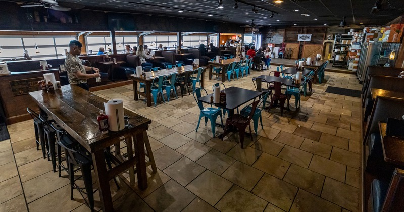 Interior, dining area, tables, chairs and booths
