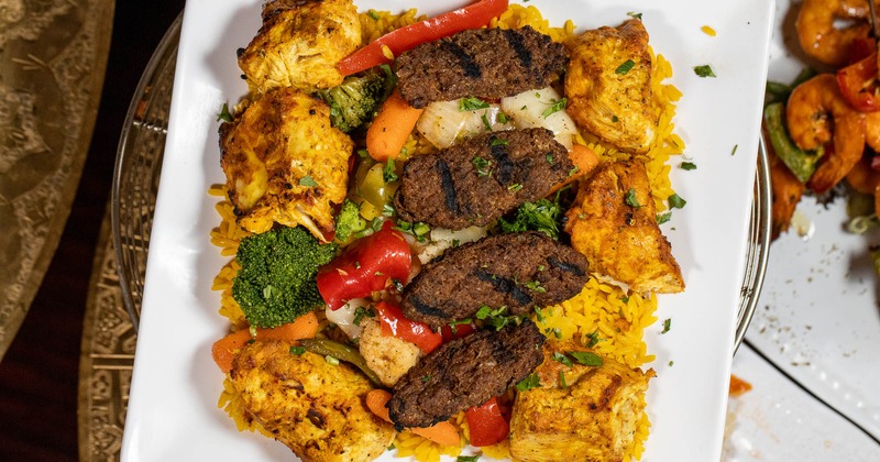 Marakesh Grill Combo, with kofta, chicken breast, rice, and veggies