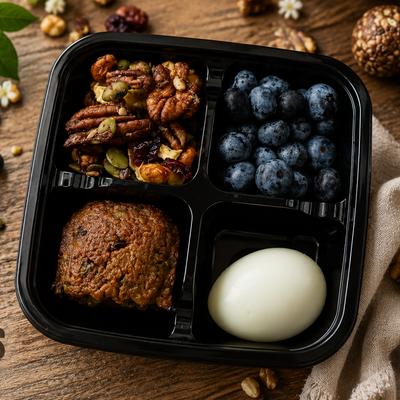 Bento box with blueberries, boiled egg, banana bread, and nuts.