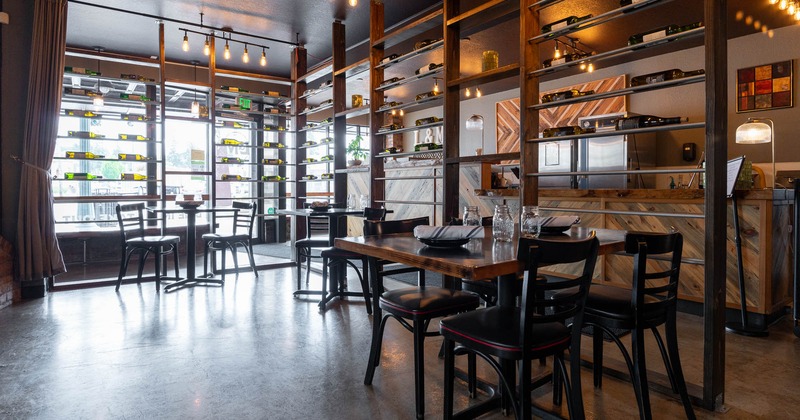 Interior, tables and chairs in dining area