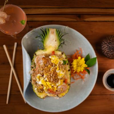 Pineapple Fried Rice and Lychee Martini.