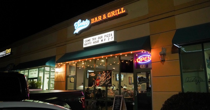 Exterior, front view to restaurant by night