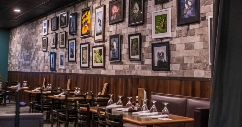 Interior, tables and chairs and pictures on the wall