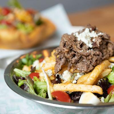 Steak salad, close up.