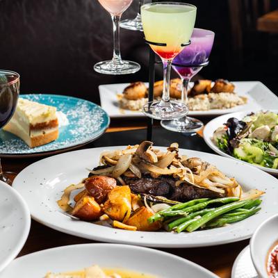 Assorted food and drinks.