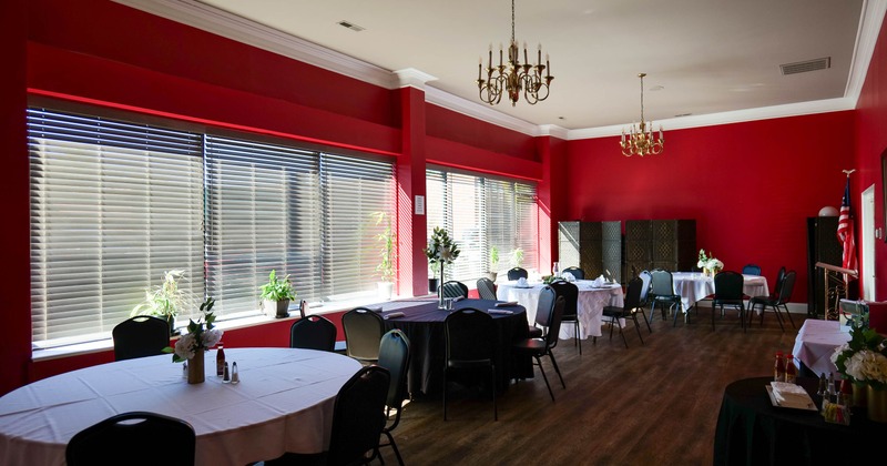 Interior, dining area with large tables