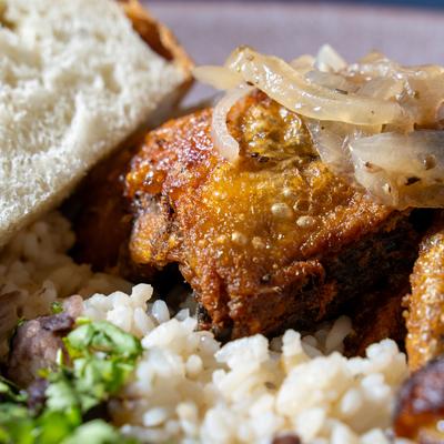 Cuban style Roast Chicken, dish close up.