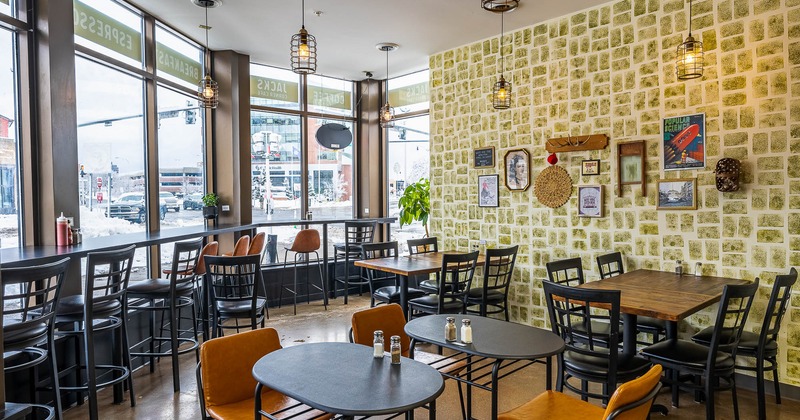 Interior, main dining area with decorations on the wall