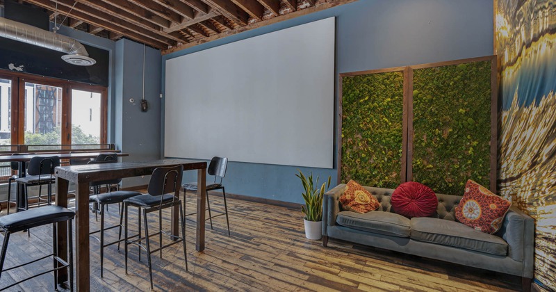 Inside, tufted sofa, tables, chairs