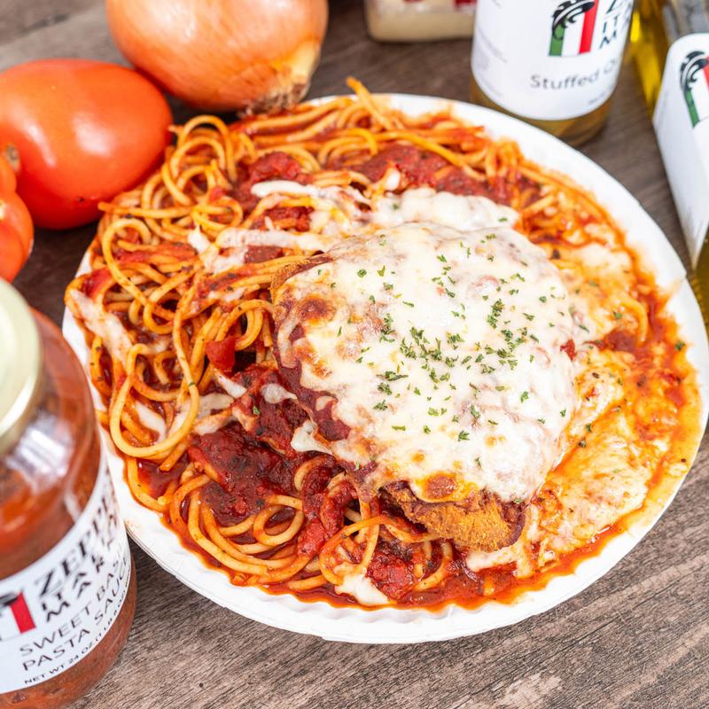 menu item 8 of 8, Chicken Parmesan Over Spaghetti