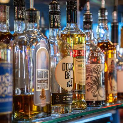 Bar shelf with spirits.