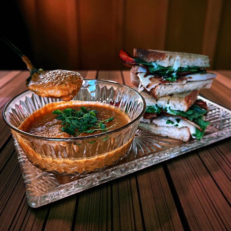 Hot Turkey, Bacon and Gruyere with Bowl of Soup photo