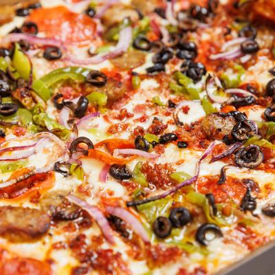 Specialty pizza, close up.