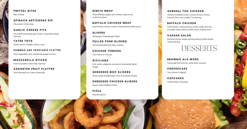 Menu featuring a variety of appetizers, wraps, sliders, salads, and desserts
