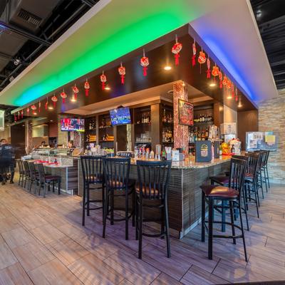 Food and drink bar, chairs.